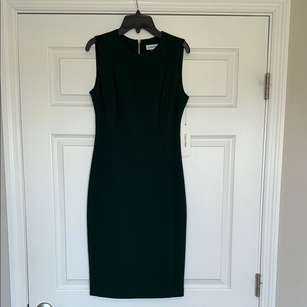 Calvin Klein Dark Green Sheath Midi Dress Crew Neck Sleeveless